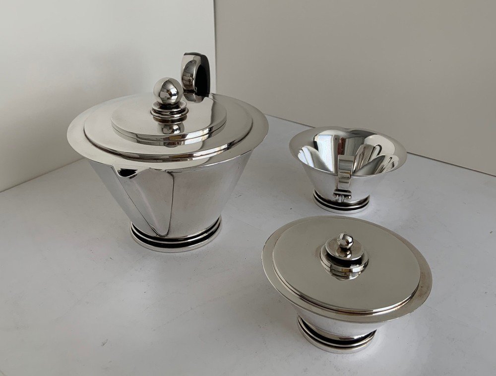 Georg Jensen Théière, Crémier Et Sucrier 600 A En Argent Pyramid Collection, Jensen & Wendel-photo-3