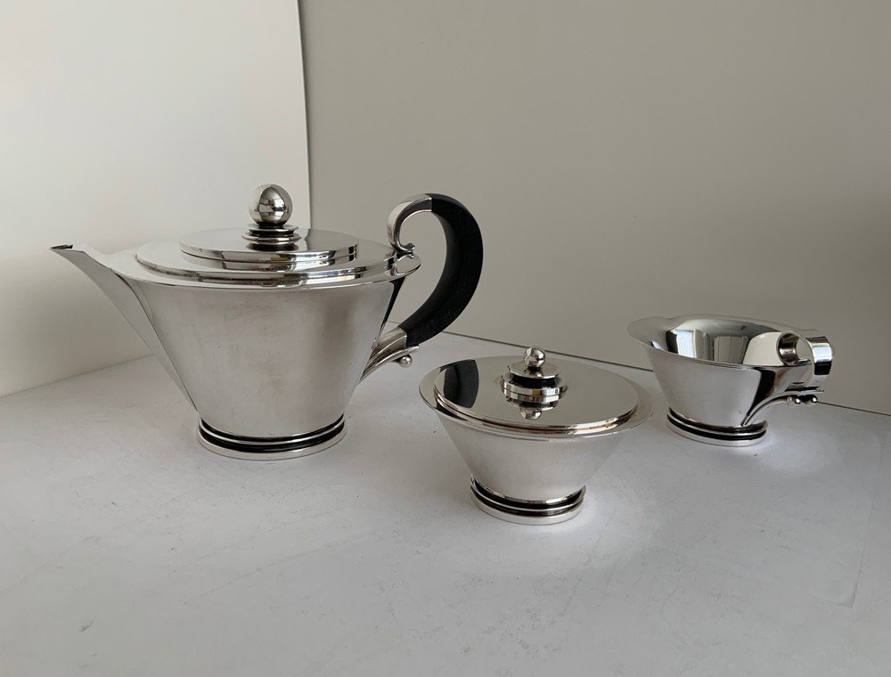 Georg Jensen Théière, Crémier Et Sucrier 600 A En Argent Pyramid Collection, Jensen & Wendel-photo-4