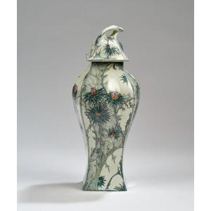 Vase à Couvercle En Coquille d'Oeuf Porcelaine à Décor De Chardon, Peinture Samuel Schellink, 