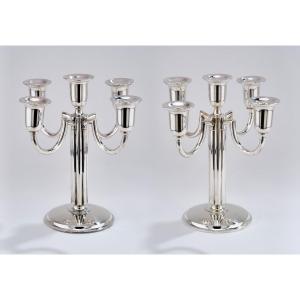Pair Of Five-flame Table Candlesticks (girandoles) In Sterling Silver
