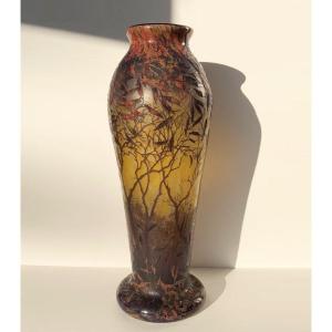 Daum Nancy XXl Vase In Cameo Glass Autumn Landscape Circa 1910, Symbolism