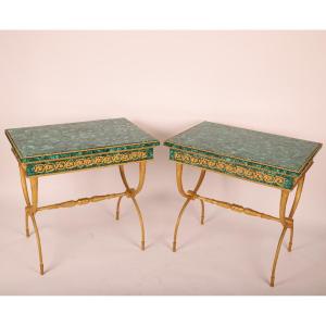 Rare Pair Of Empire Style Presentation Tables In Malachite