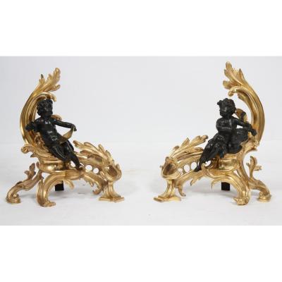 Pair Of Andirons "allegories Des Arts" Louis XV Style
