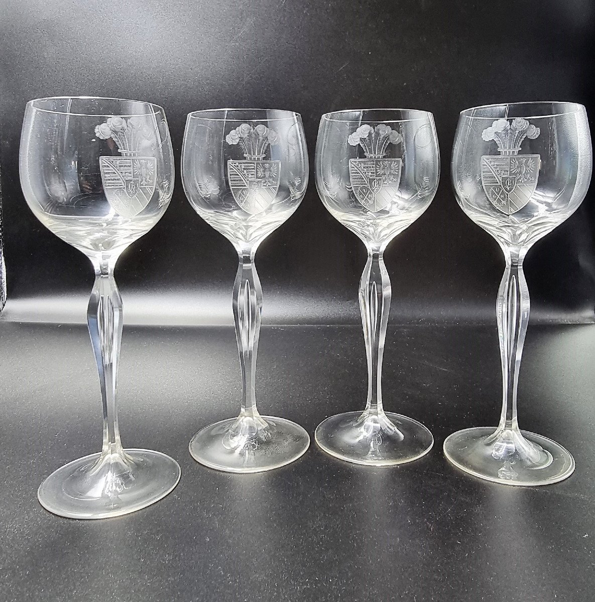 4 Verres cristal Gravés Blason Héraldique  - Angleterre, Pays Bas, Allemagne? Style Jacob Sang -photo-4