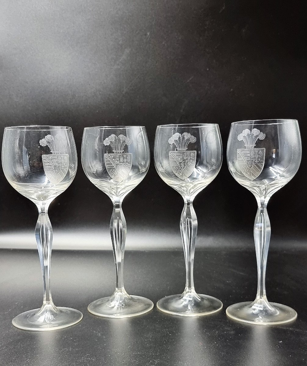 4 Verres cristal Gravés Blason Héraldique  - Angleterre, Pays Bas, Allemagne? Style Jacob Sang 