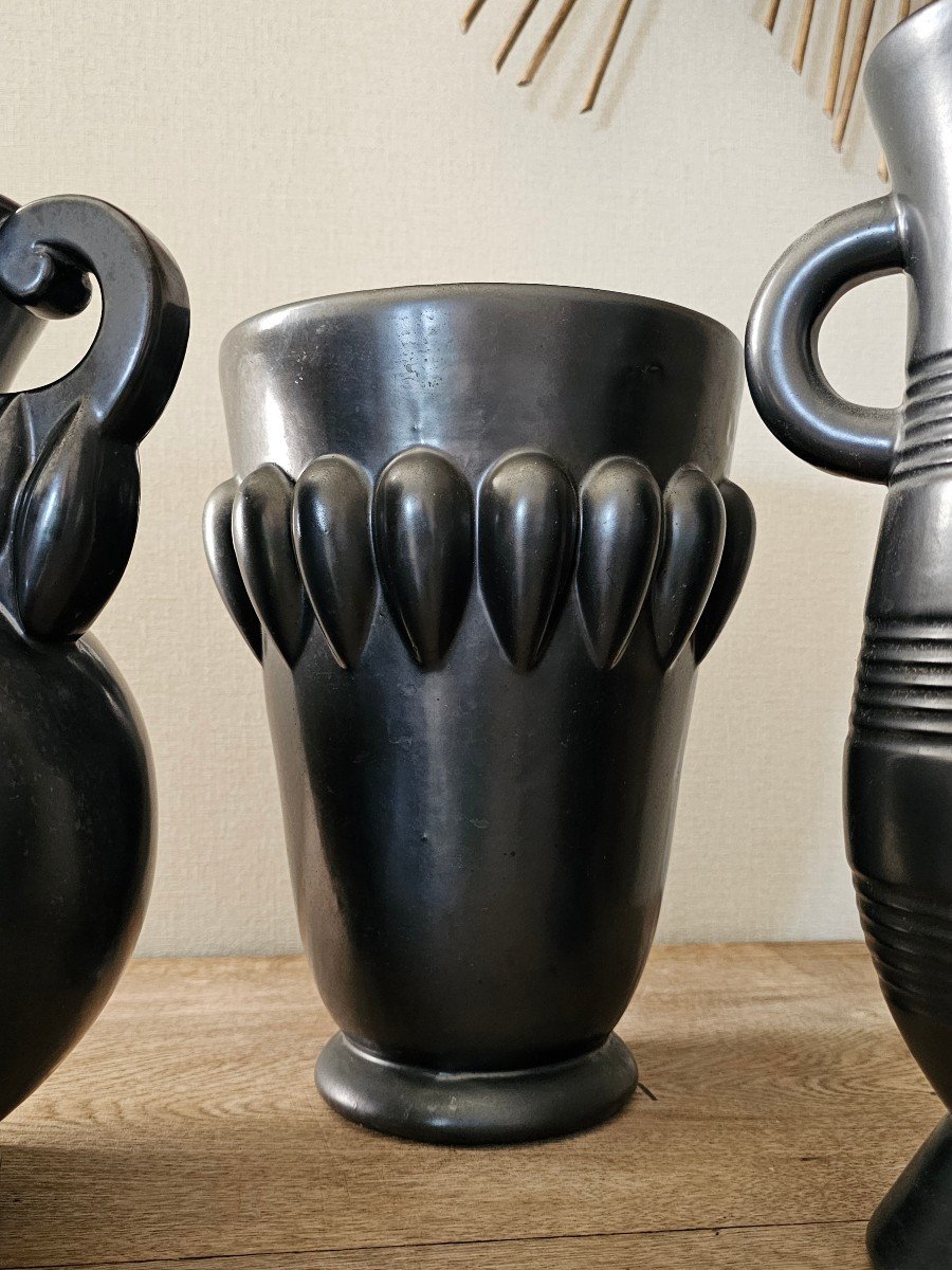 accumulation lot 5 Vases Céramiques Saint Clement Blanches Letalle Décoration Années 50-60 Noir-photo-4