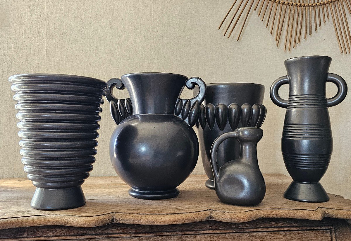 accumulation lot 5 Vases Céramiques Saint Clement Blanches Letalle Décoration Années 50-60 Noir