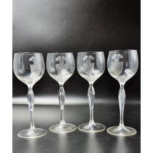 4 Verres cristal Gravés Blason Héraldique  - Angleterre, Pays Bas, Allemagne? Style Jacob Sang 