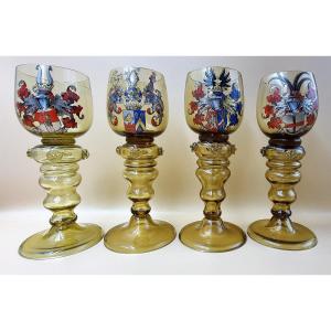 X4 Chalice Glasses - Rich And Fine Enamelled Decor Coat Of Arms Heraldry Engraved Text