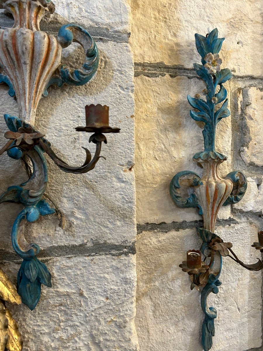 Pair Of Polychrome Wooden Sconces-photo-2