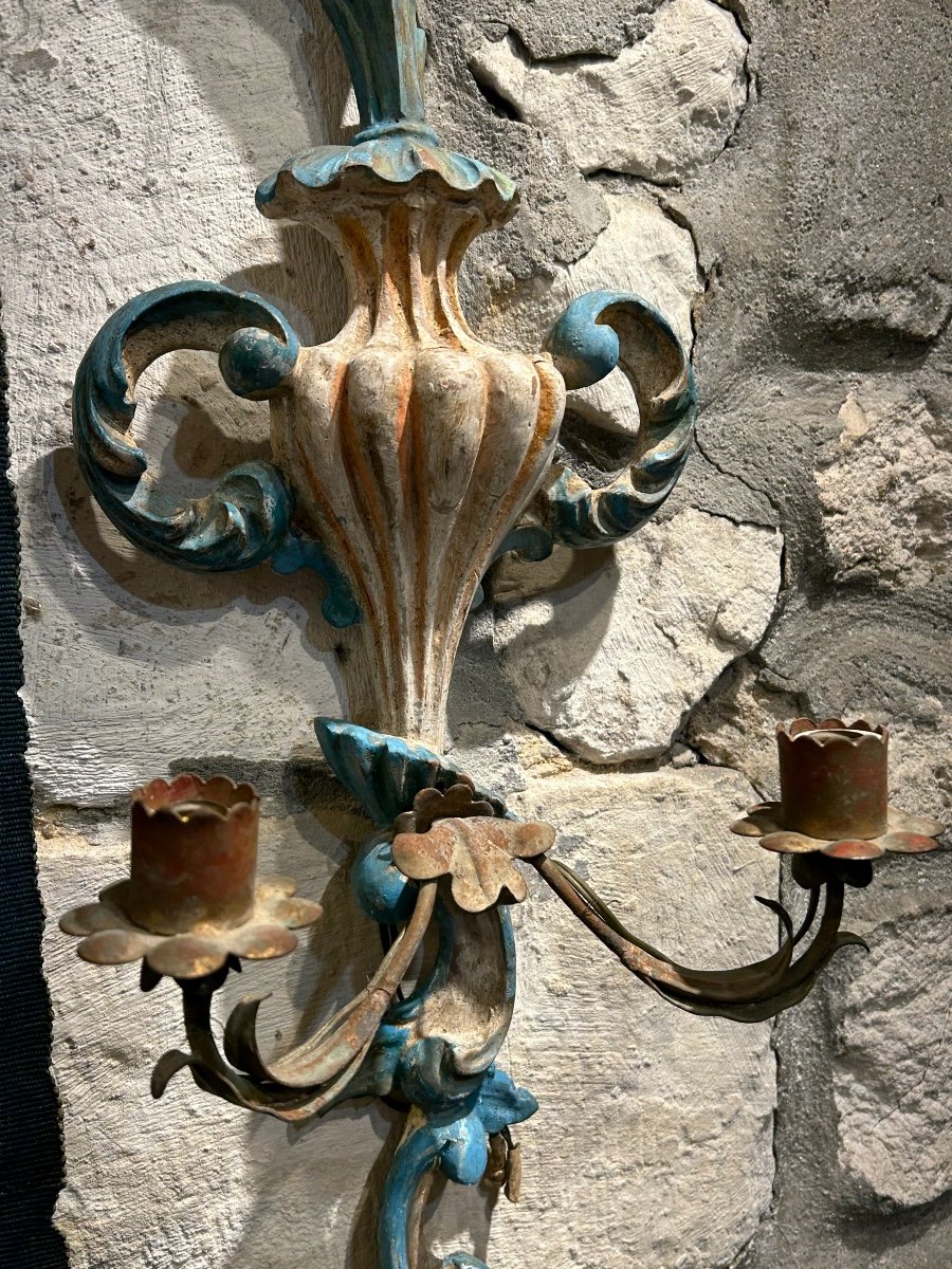 Pair Of Polychrome Wooden Sconces-photo-4