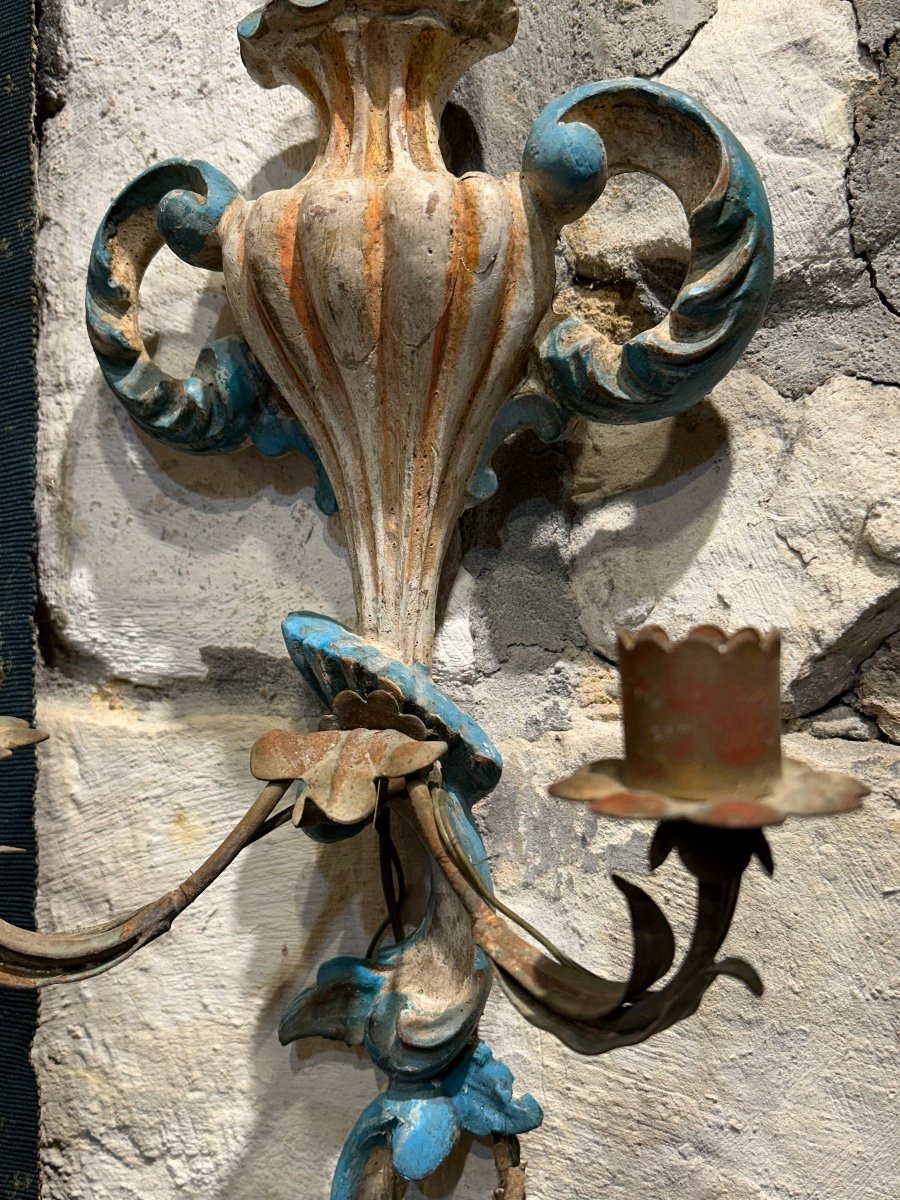 Pair Of Polychrome Wooden Sconces-photo-1