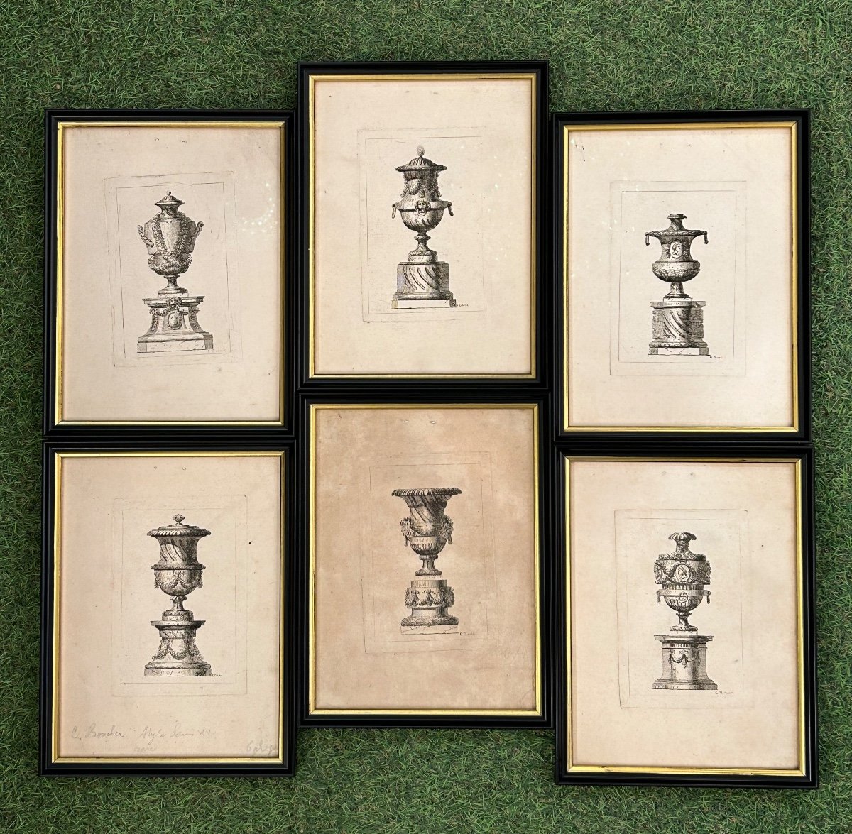 Series Of 6 Antique Vase Engravings From The 18th Century Framed -photo-1