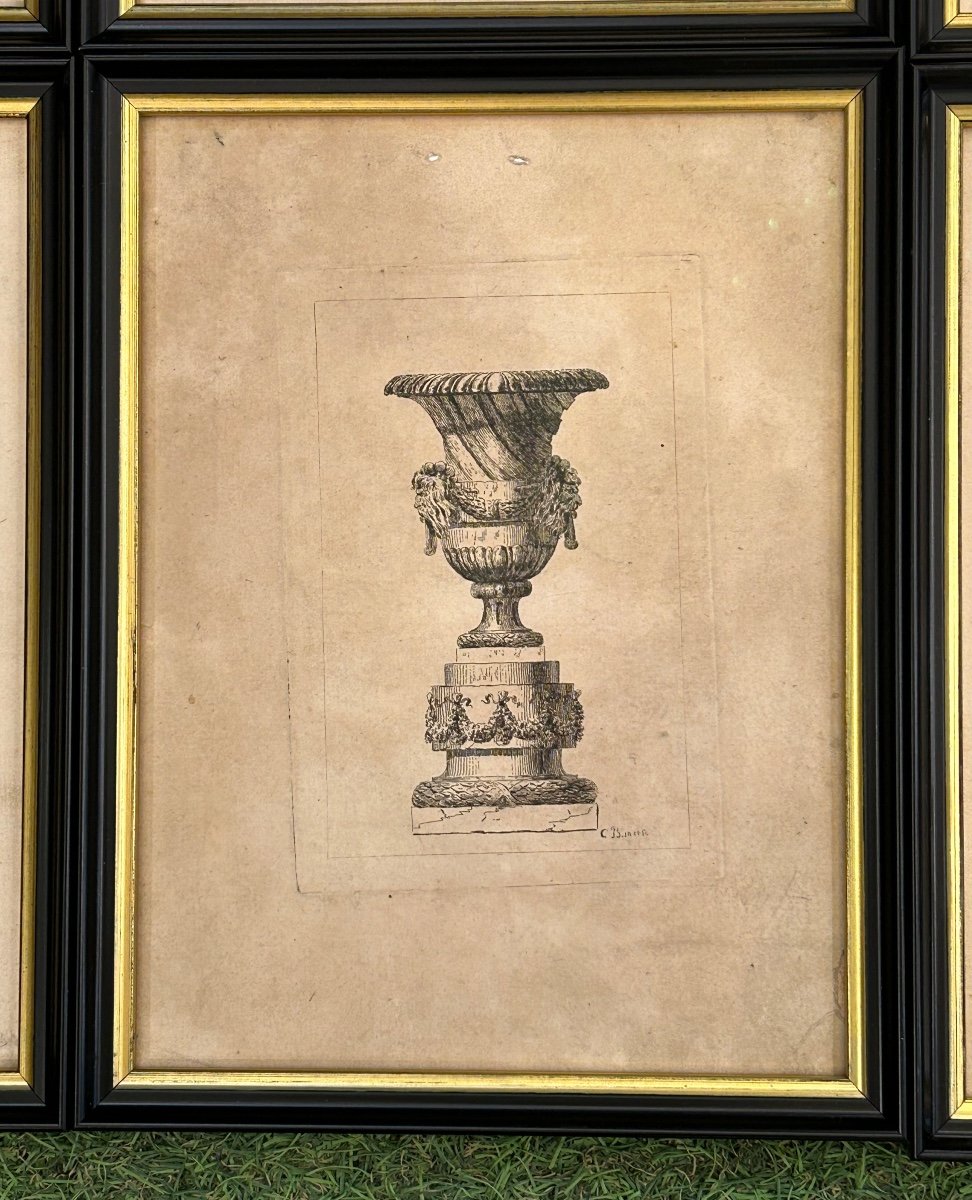 Series Of 6 Antique Vase Engravings From The 18th Century Framed -photo-2