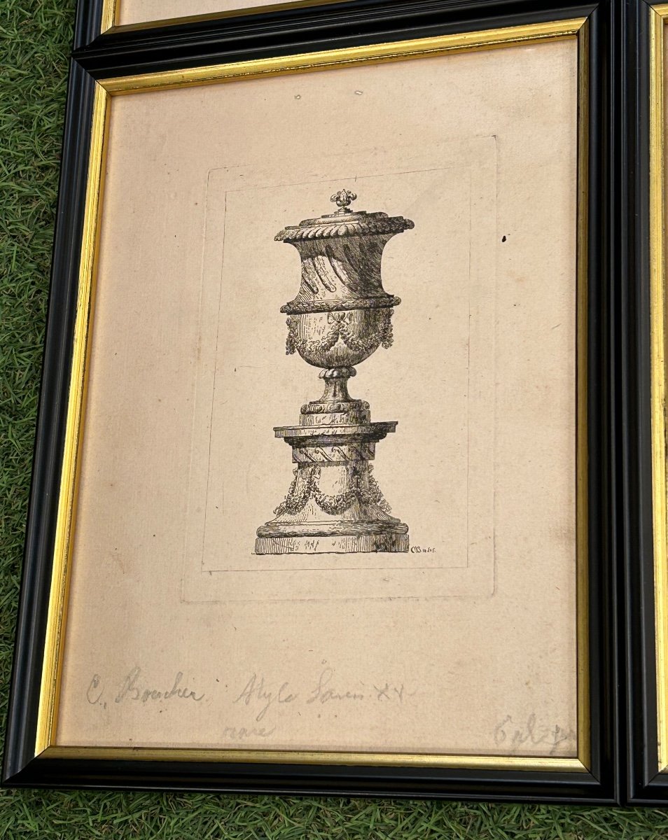 Series Of 6 Antique Vase Engravings From The 18th Century Framed -photo-5