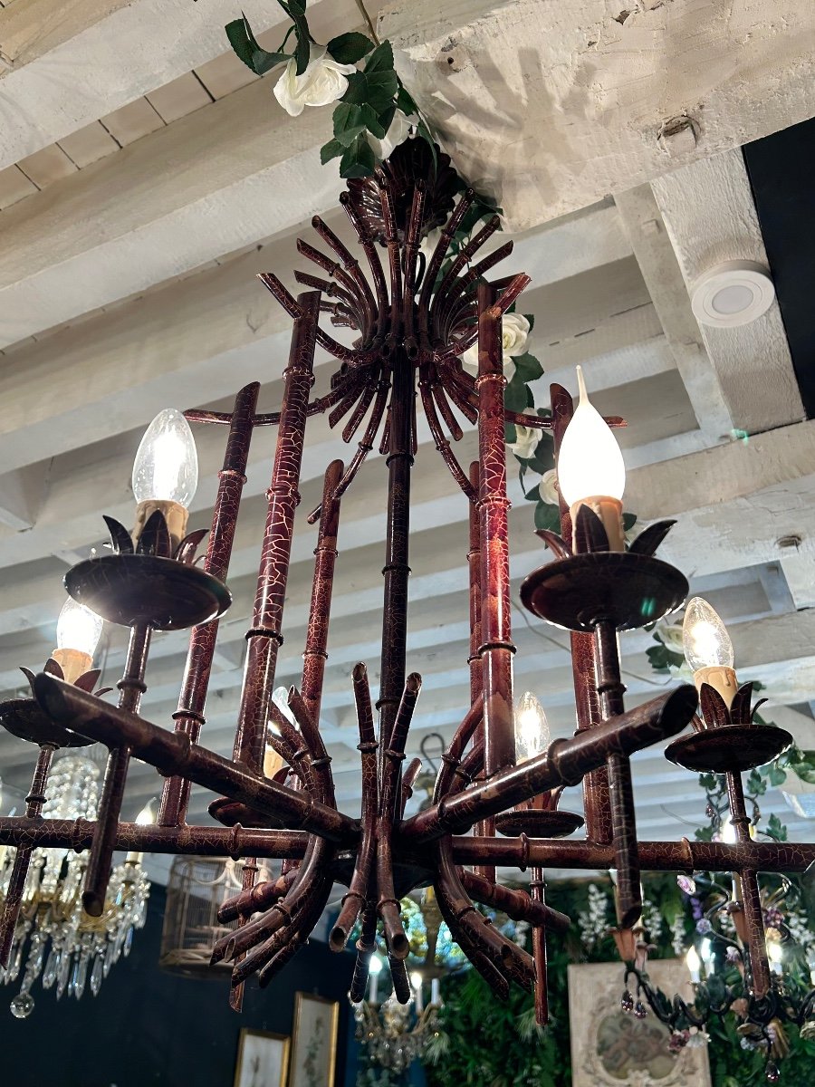 Bamboo Style Chandelier In Patinated Metal