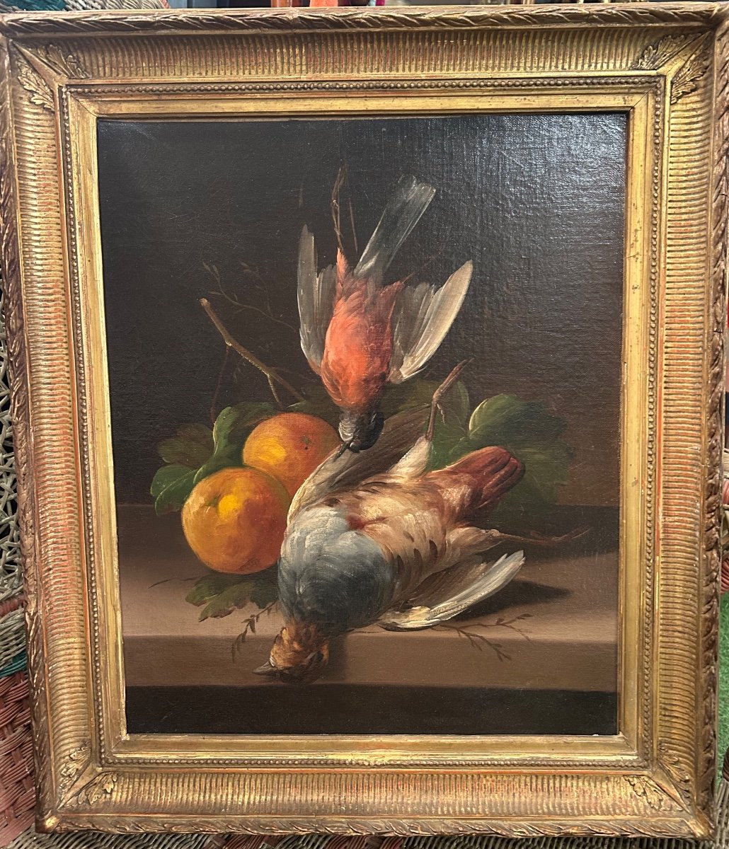 Paire De Tableaux Nature Morte Aux Oiseaux Et Fruits D’automne -photo-2