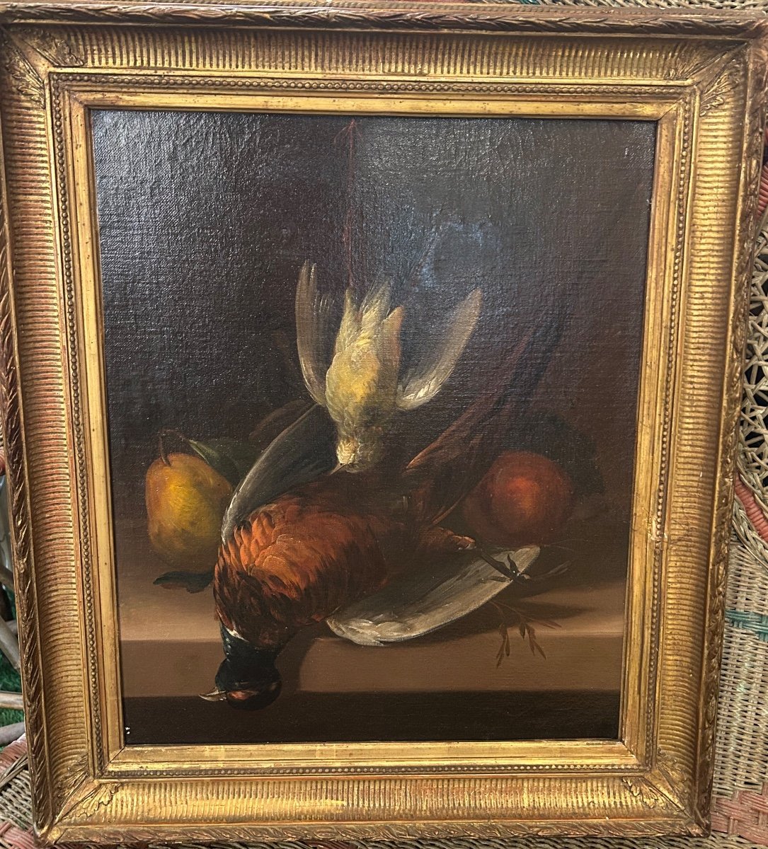 Paire De Tableaux Nature Morte Aux Oiseaux Et Fruits D’automne -photo-3