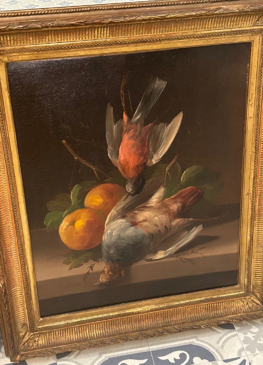 Paire De Tableaux Nature Morte Aux Oiseaux Et Fruits D’automne -photo-3