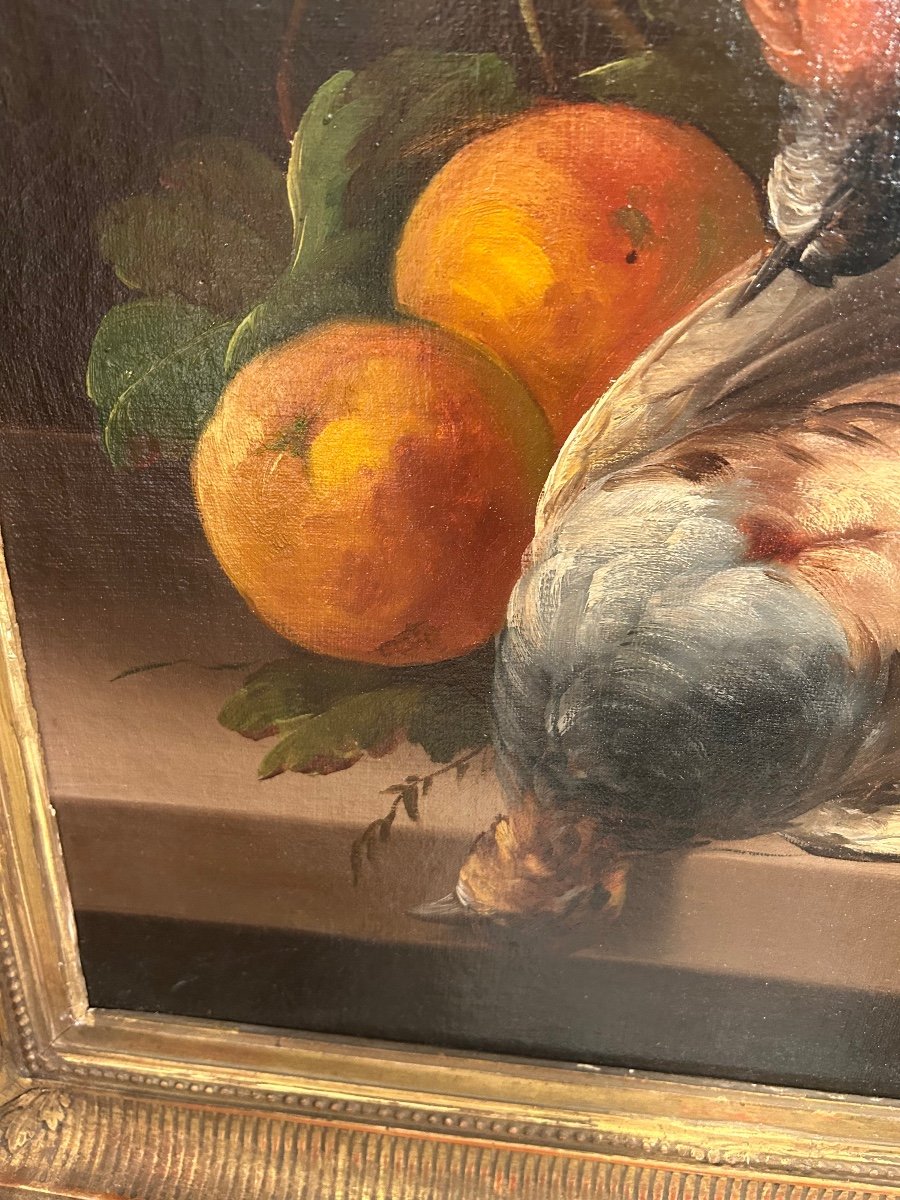 Paire De Tableaux Nature Morte Aux Oiseaux Et Fruits D’automne -photo-4