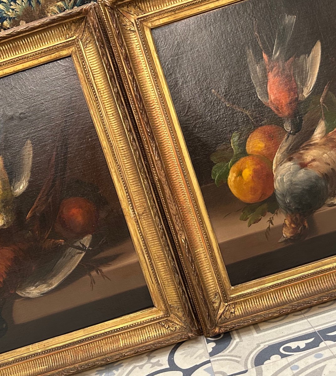 Paire De Tableaux Nature Morte Aux Oiseaux Et Fruits D’automne -photo-5