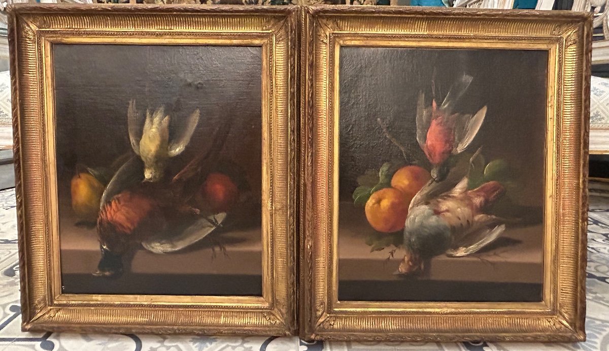 Paire De Tableaux Nature Morte Aux Oiseaux Et Fruits D’automne 