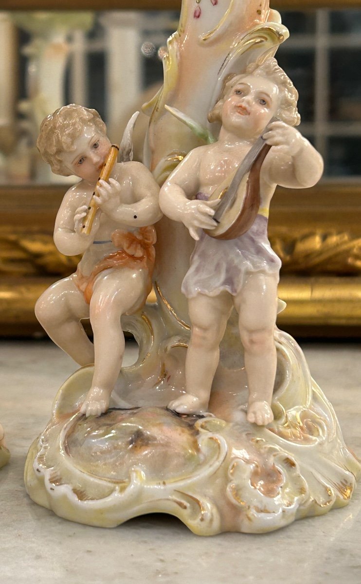 Pair Of German Porcelain Musicians Putti Candlesticks -photo-2