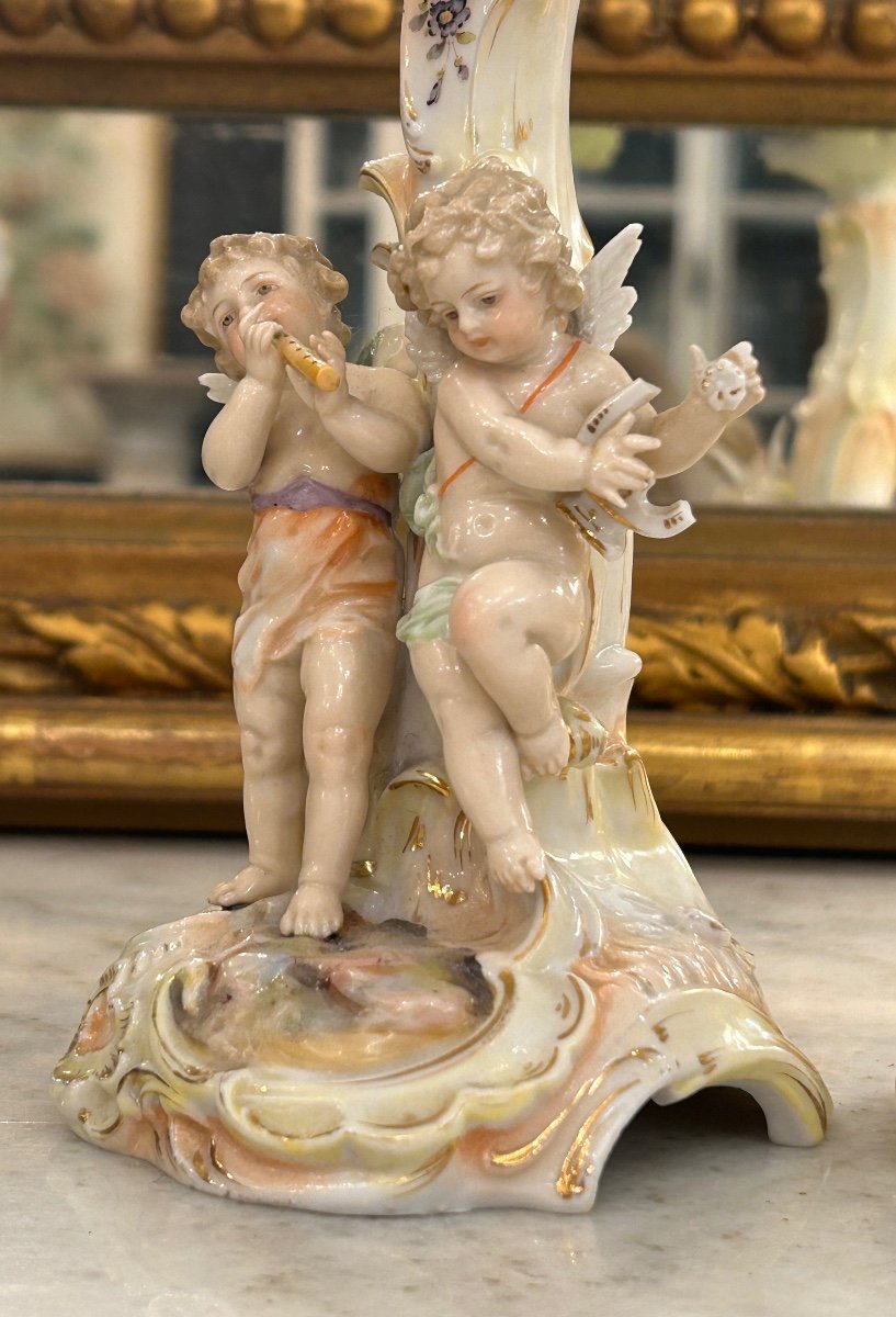 Pair Of German Porcelain Musicians Putti Candlesticks -photo-3