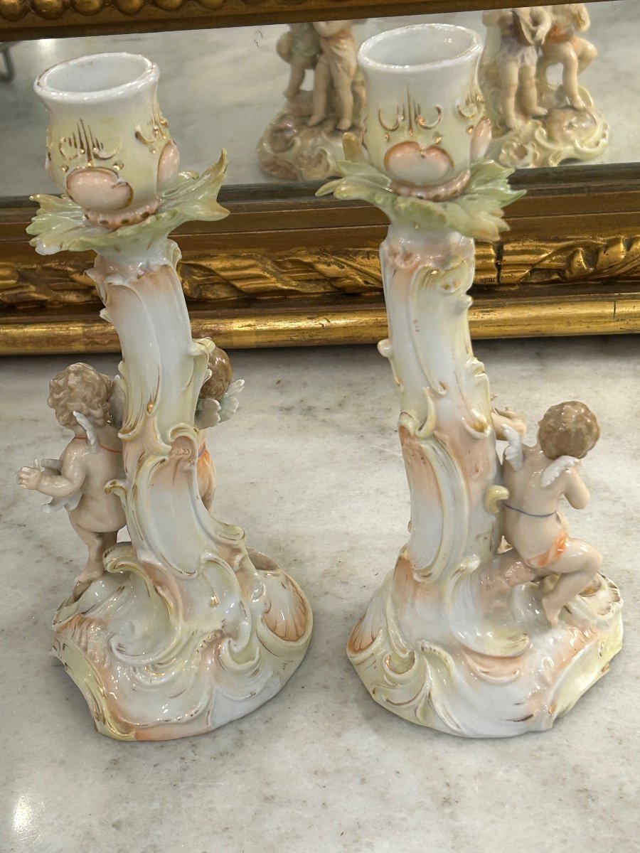 Pair Of German Porcelain Musicians Putti Candlesticks -photo-4