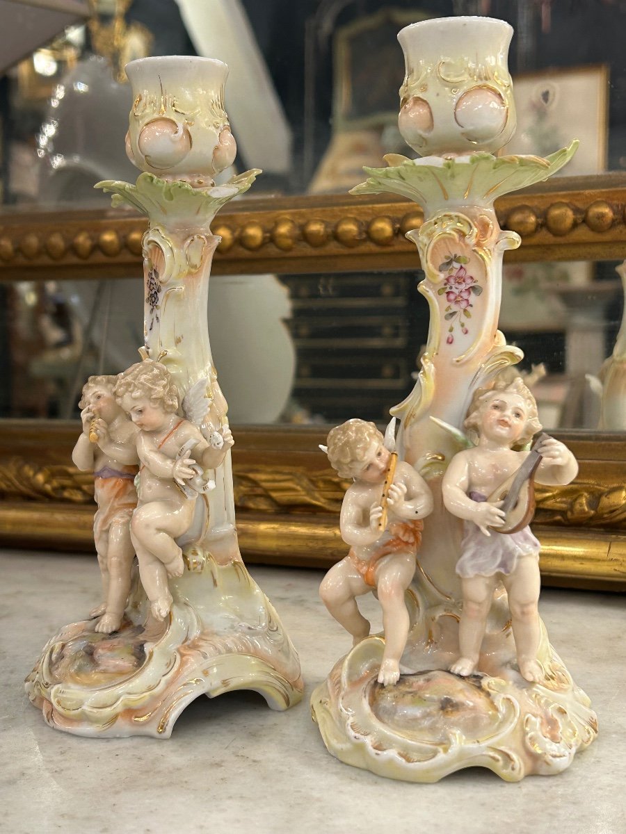 Pair Of German Porcelain Musicians Putti Candlesticks -photo-1