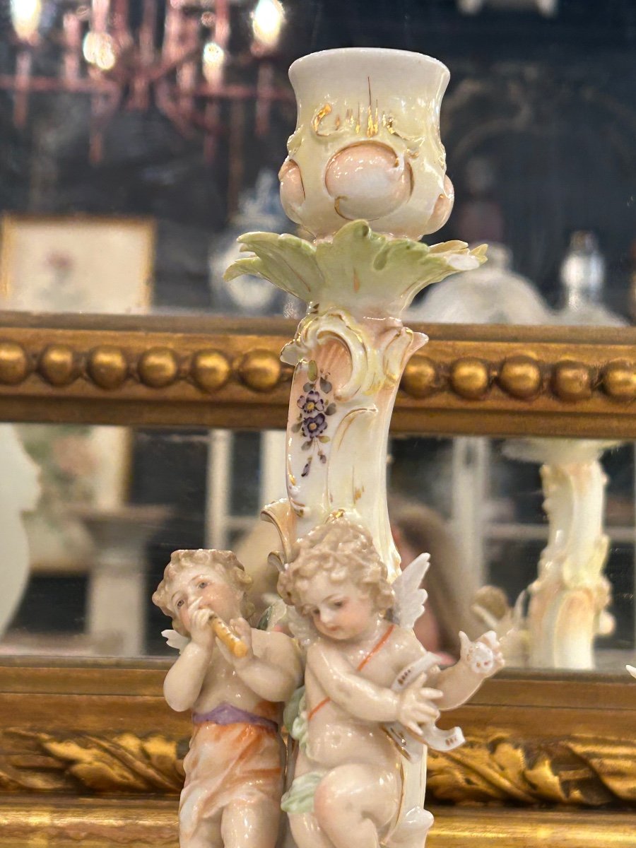 Pair Of German Porcelain Musicians Putti Candlesticks -photo-3