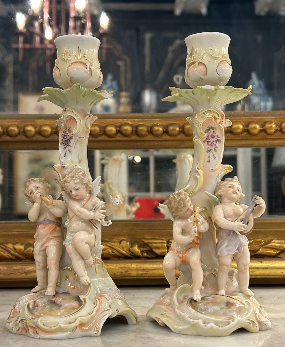 Pair Of German Porcelain Musicians Putti Candlesticks -photo-4