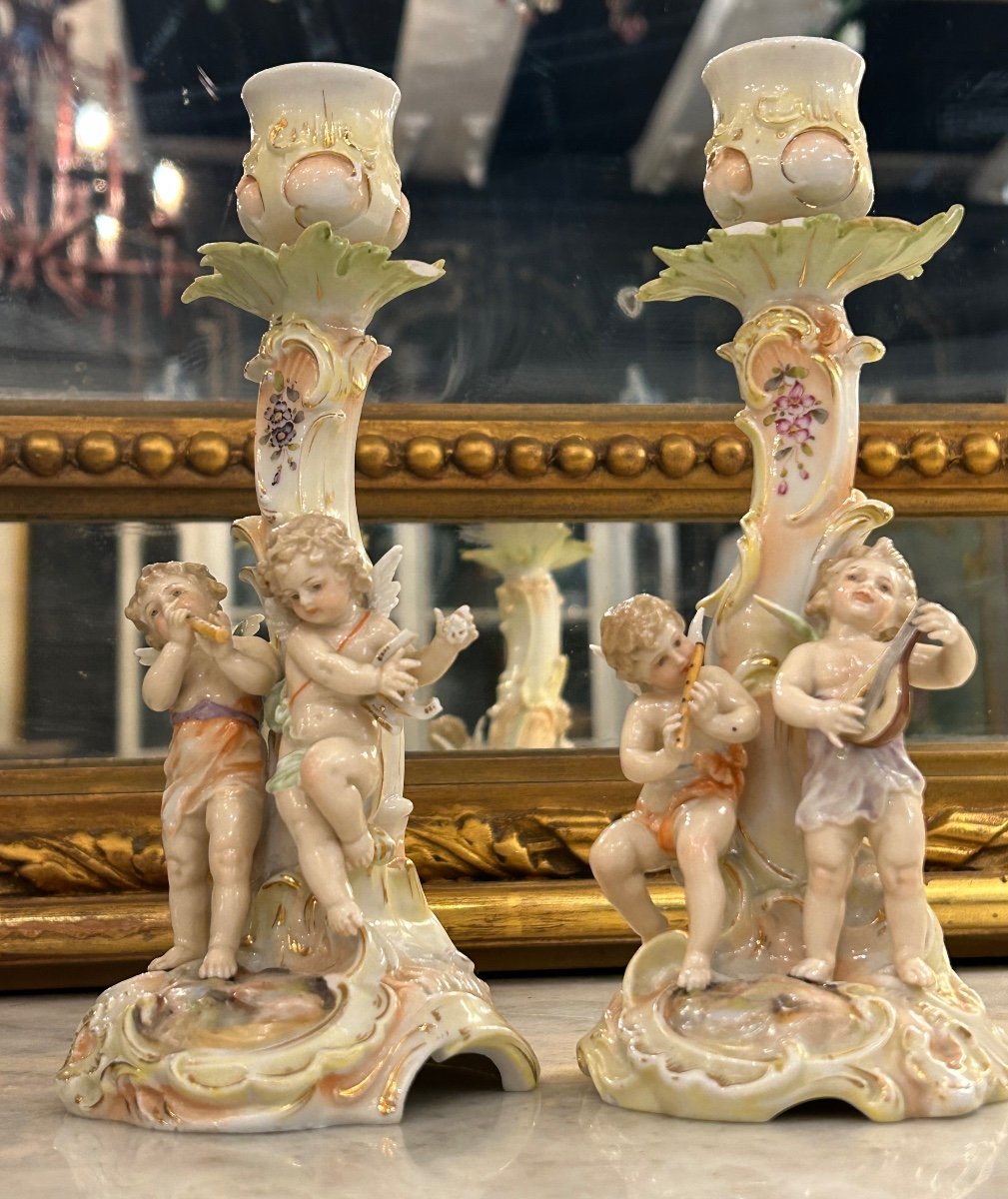 Pair Of German Porcelain Musicians Putti Candlesticks 