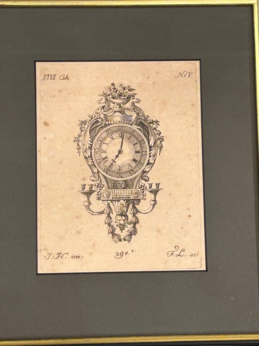 Series Of 8 18th Century Framed Engravings, Clock Theme -photo-1