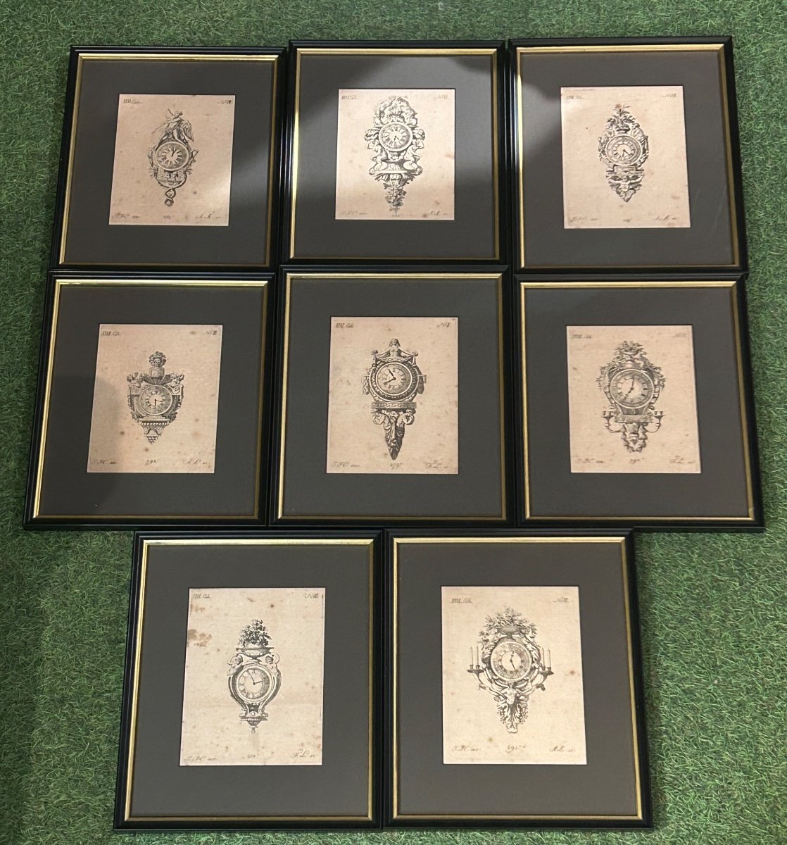 Series Of 8 18th Century Framed Engravings, Clock Theme 