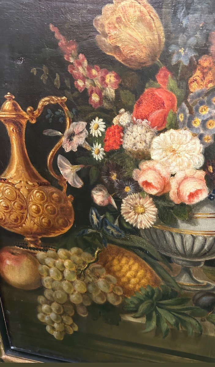 Still Life Painting With Bouquet Of Flowers, Ewer And Fruits-photo-2