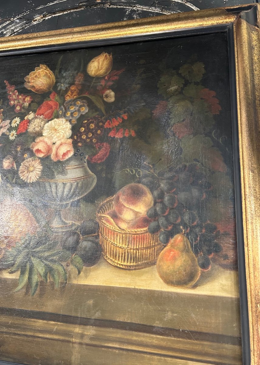 Still Life Painting With Bouquet Of Flowers, Ewer And Fruits-photo-3