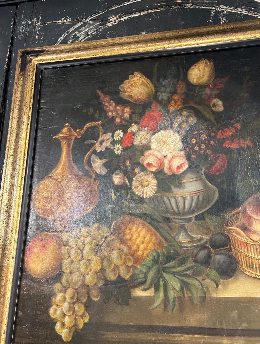 Still Life Painting With Bouquet Of Flowers, Ewer And Fruits-photo-4