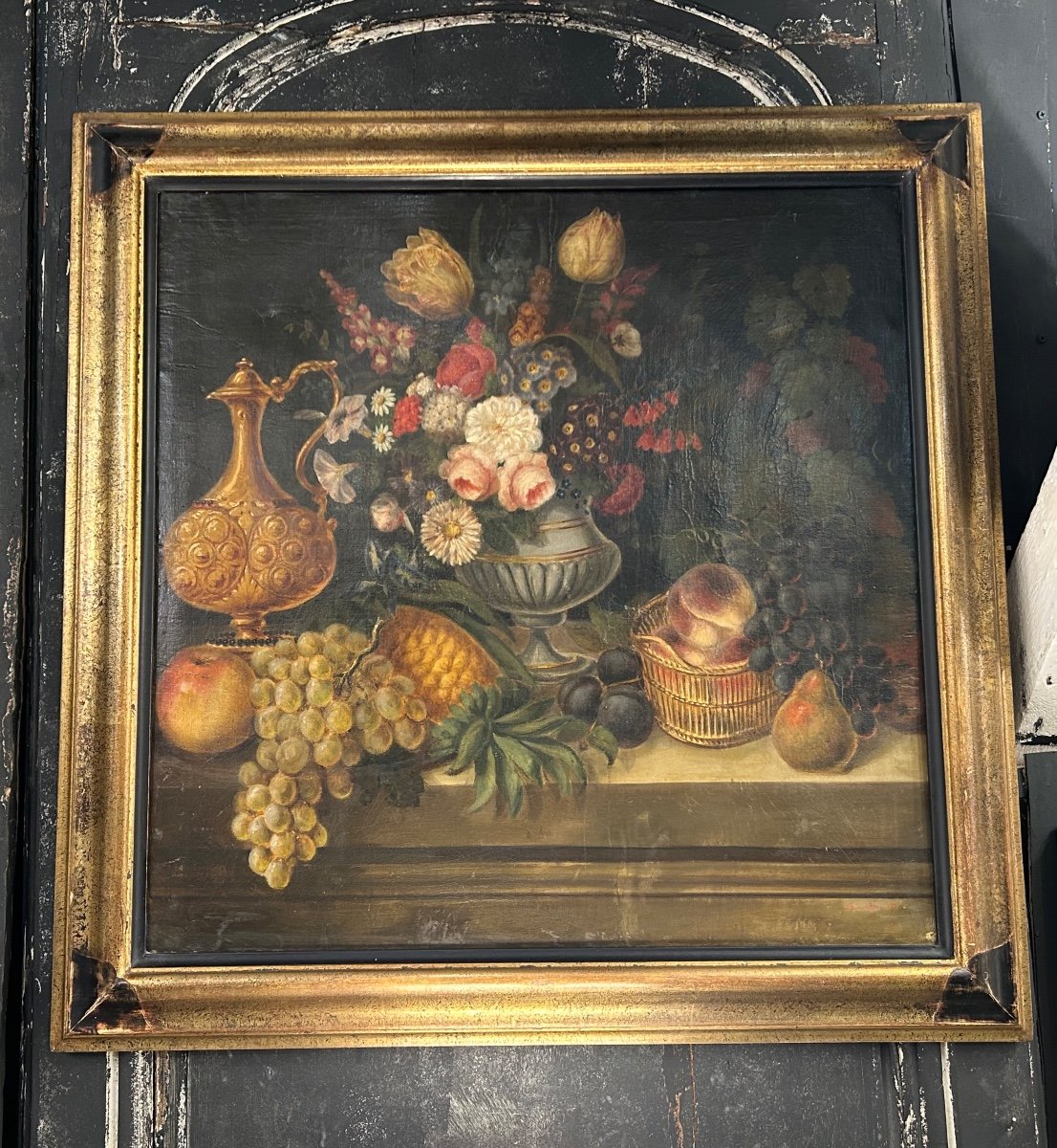 Still Life Painting With Bouquet Of Flowers, Ewer And Fruits