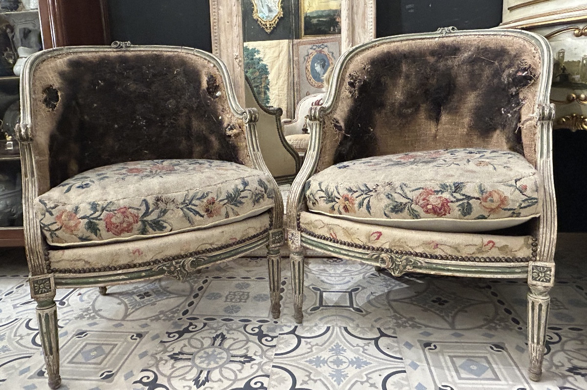 Pair Of Louis XVI Style Patinated Bergere Chairs-photo-2