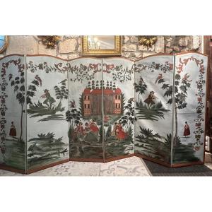  Painted Canvas Screen 19th Century 