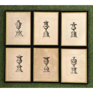 Series Of 6 Antique Vase Engravings From The 18th Century Framed 