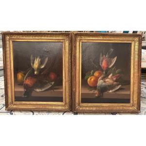 Paire De Tableaux Nature Morte Aux Oiseaux Et Fruits D’automne 