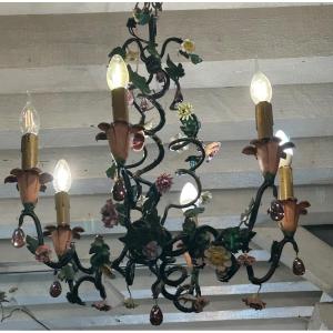 Foliage Chandelier In Painted Iron And Porcelain Flowers 