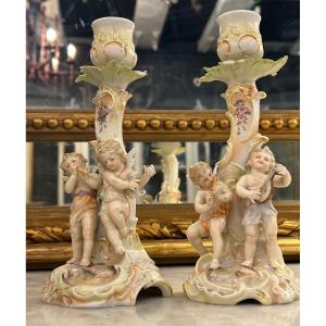 Pair Of German Porcelain Musicians Putti Candlesticks 