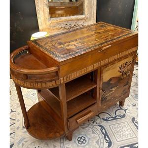 Wooden And Marquetry Bar Cabinet With Landscape Decor 