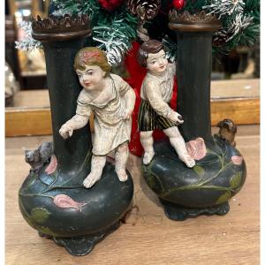 Pair Of Polychrome Painted Sheet Metal Candlesticks 