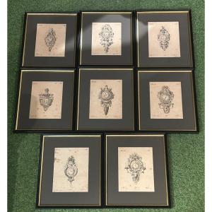 Series Of 8 18th Century Framed Engravings, Clock Theme 