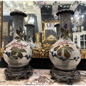 Pair Of Barbotine Vases