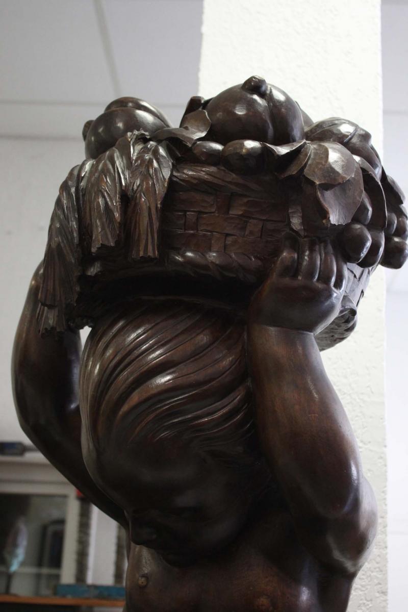 Grande Sculpture  En Bois " Enfant Au Panier ", Art Deco-photo-6